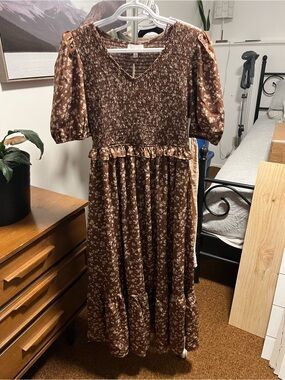 orange creek Brown Floral Maxi Dress with Puff Sleeves